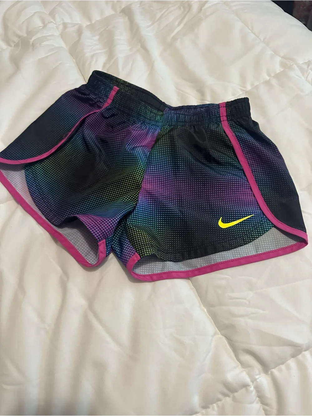 Nike Black Dri-FIT Running Shorts with Neon Pink Accent and Multicolor Dot Fade